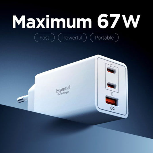 Зарядно устройство за мрежа Spigen Essential, 67W, 3.25A, 1 x USB-A - 2 x USB-C, Бяло ACH08710