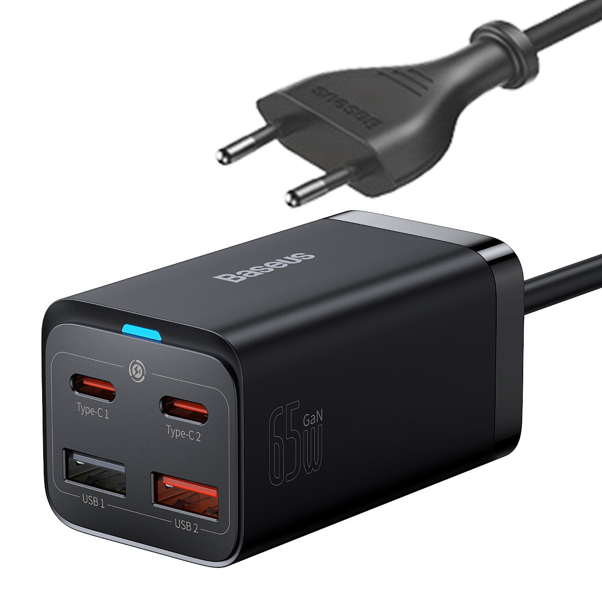 Мрежово зарядно устройство Baseus GaN3 Pro USB-C с кабел, 65W, 3A, 2 x USB-A - 2 x USB-C, черно CCGP04010101