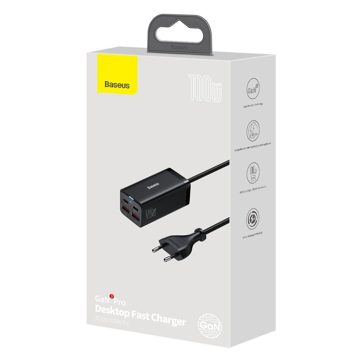 Зарядно устройство Baseus GaN3 Pro, 100W, 5A, 2 x USB-A - 2 x USB-C, Черно CCGP000101