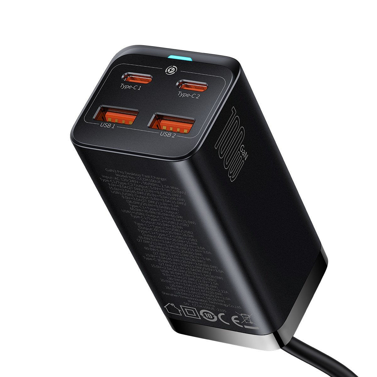 Зарядно устройство Baseus GaN3 Pro, 100W, 5A, 2 x USB-A - 2 x USB-C, Черно CCGP000101
