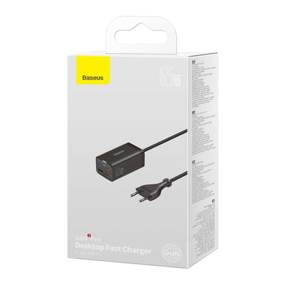 Мрежово зарядно устройство Baseus GaN3 Pro USB-C с кабел, 65W, 3A, 2 x USB-A - 2 x USB-C, черно CCGP04010101