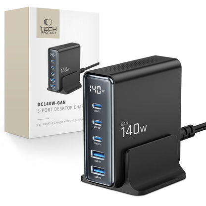 Мрежово зарядно устройство Tech-Protect DC140W DC140W, 140W, 3A, 2 x USB-A - 3 x USB-C, черно 