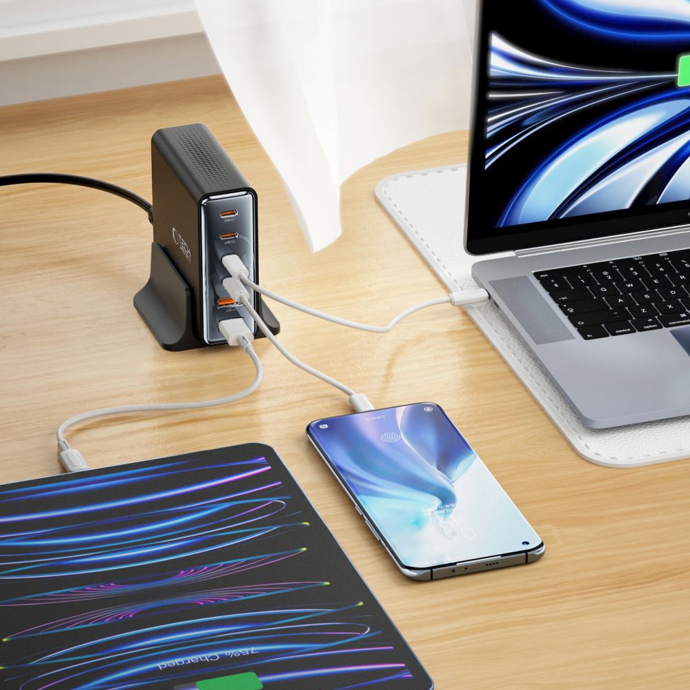 Мрежово зарядно устройство Tech-Protect DC80W, 80W, 3A, 2 x USB-A - 4 x USB-C, черно 