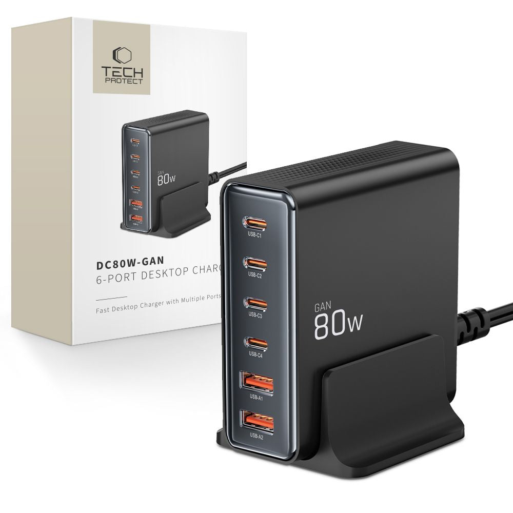 Мрежово зарядно устройство Tech-Protect DC80W, 80W, 3A, 2 x USB-A - 4 x USB-C, черно 