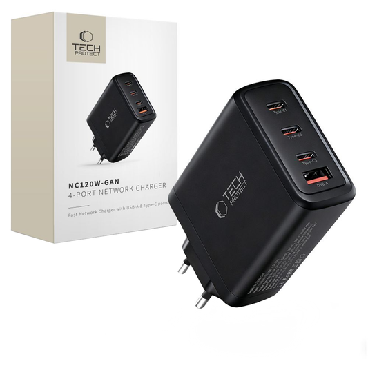Зарядно устройство за мрежа Tech-Protect NC120W-GAN, 120W, 5A, 1 x USB-A - 3 x USB-C, Черно