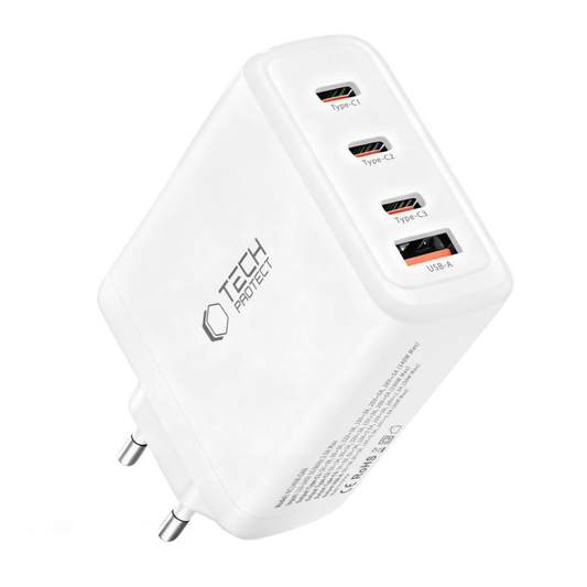 Зарядно устройство за мрежа Tech-Protect NC140W-GAN, 140W, 5A, 1 x USB-A - 3 x USB-C, Бяло