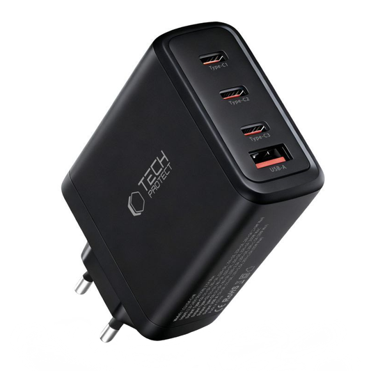 Зарядно устройство за мрежа Tech-Protect NC140W-GAN, 140W, 5A, 1 x USB-A - 3 x USB-C, Черно