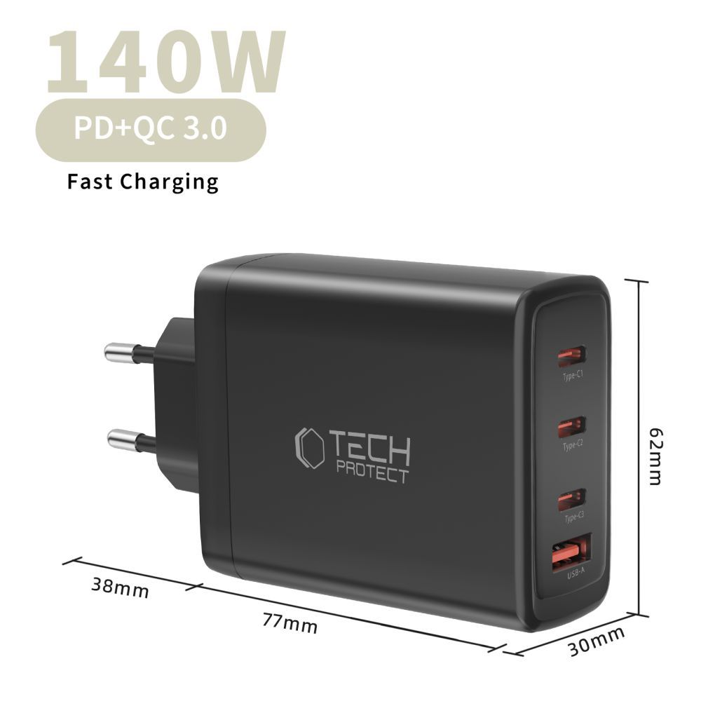Tech-Protect NC140W-GAN Network Charger, 140W, 5A, 1 x USB-A - 3 x USB-C, Black