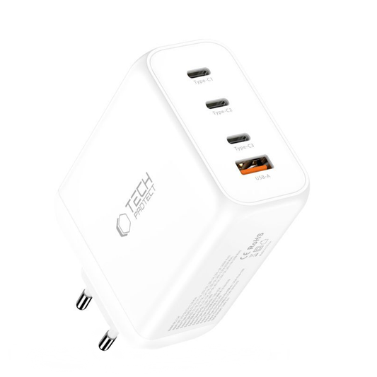 Зарядно устройство за мрежа Tech-Protect NC200W-GAN, 200W, 5A, 1 x USB-A - 3 x USB-C, Бяло