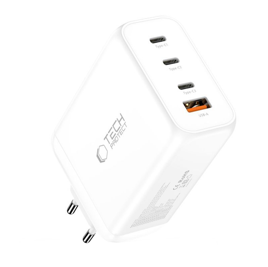 Зарядно устройство за мрежа Tech-Protect NC240W-GAN, 240W, 5A, 1 x USB-A - 3 x USB-C, Бяло