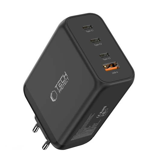 Зарядно устройство за мрежа Tech-Protect NC240W-GAN, 240W, 5A, 1 x USB-A - 3 x USB-C, Черно