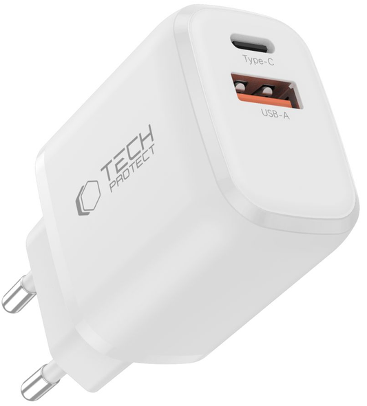 Зарядно устройство за мрежа Tech-Protect NCA45W, 45W, 3A, 1 x USB-A - 1 x USB-C, Бяло