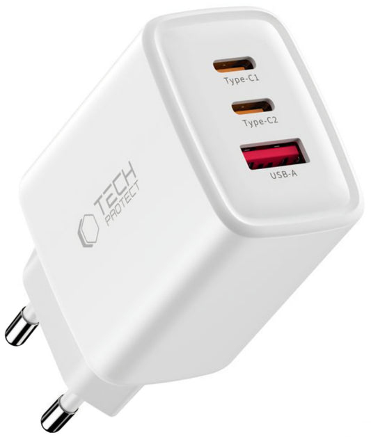 Зарядно устройство за мрежа Tech-Protect NCA65W, 65W, 3A, 1 x USB-A - 2 x USB-C, Бяло