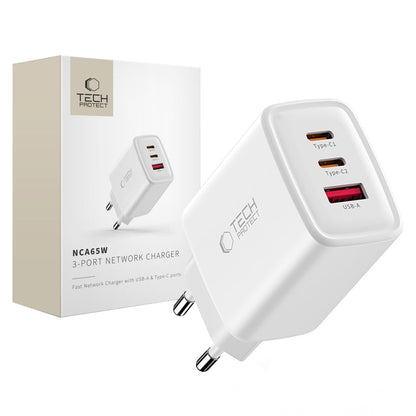 Зарядно устройство за мрежа Tech-Protect NCA65W, 65W, 3A, 1 x USB-A - 2 x USB-C, Бяло