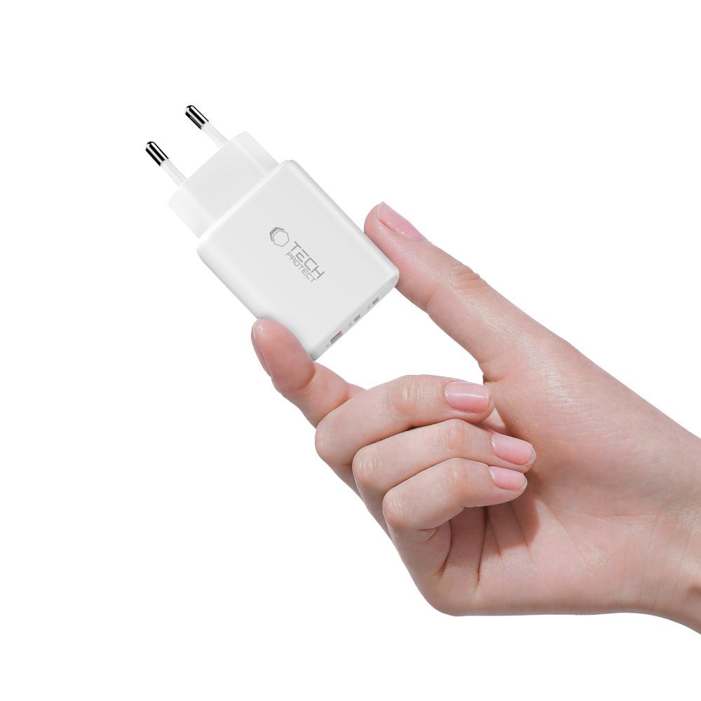 Зарядно устройство за мрежа Tech-Protect NCA65W, 65W, 3A, 1 x USB-A - 2 x USB-C, Бяло