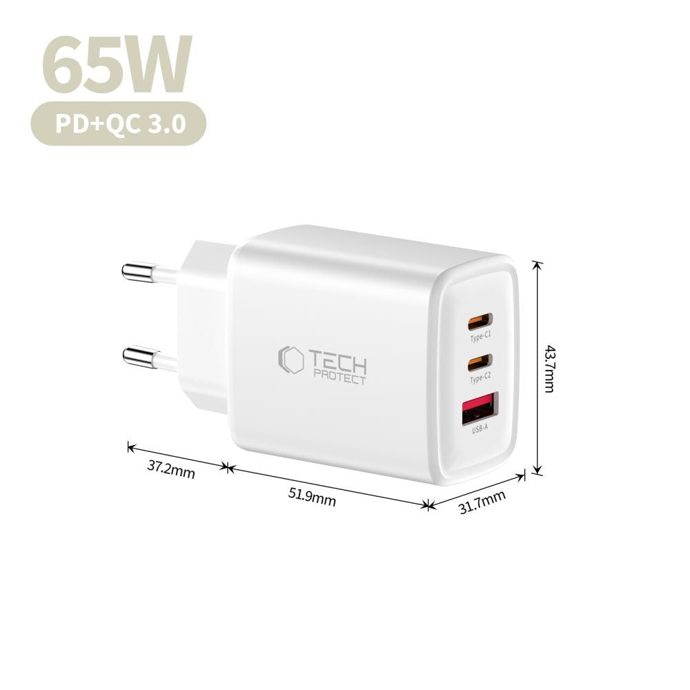 Зарядно устройство за мрежа Tech-Protect NCA65W, 65W, 3A, 1 x USB-A - 2 x USB-C, Бяло