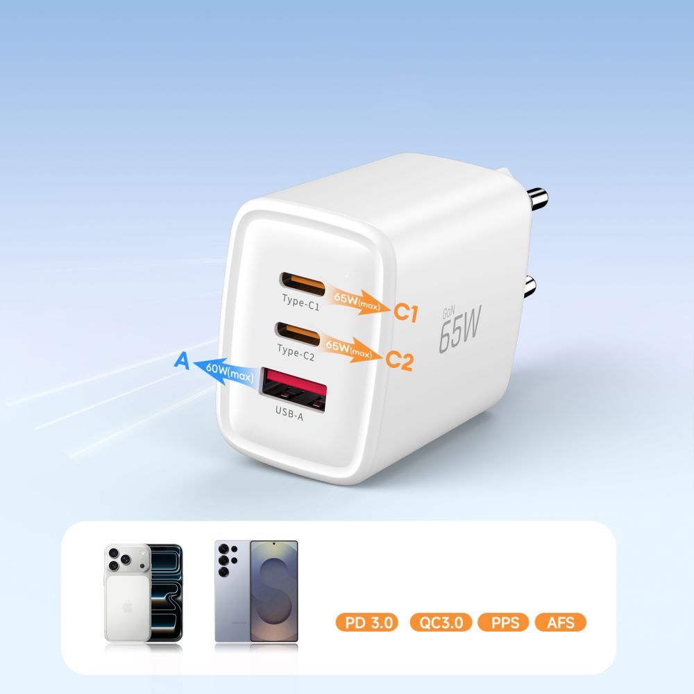 Зарядно устройство за мрежа Tech-Protect NCA65W, 65W, 3A, 1 x USB-A - 2 x USB-C, Бяло