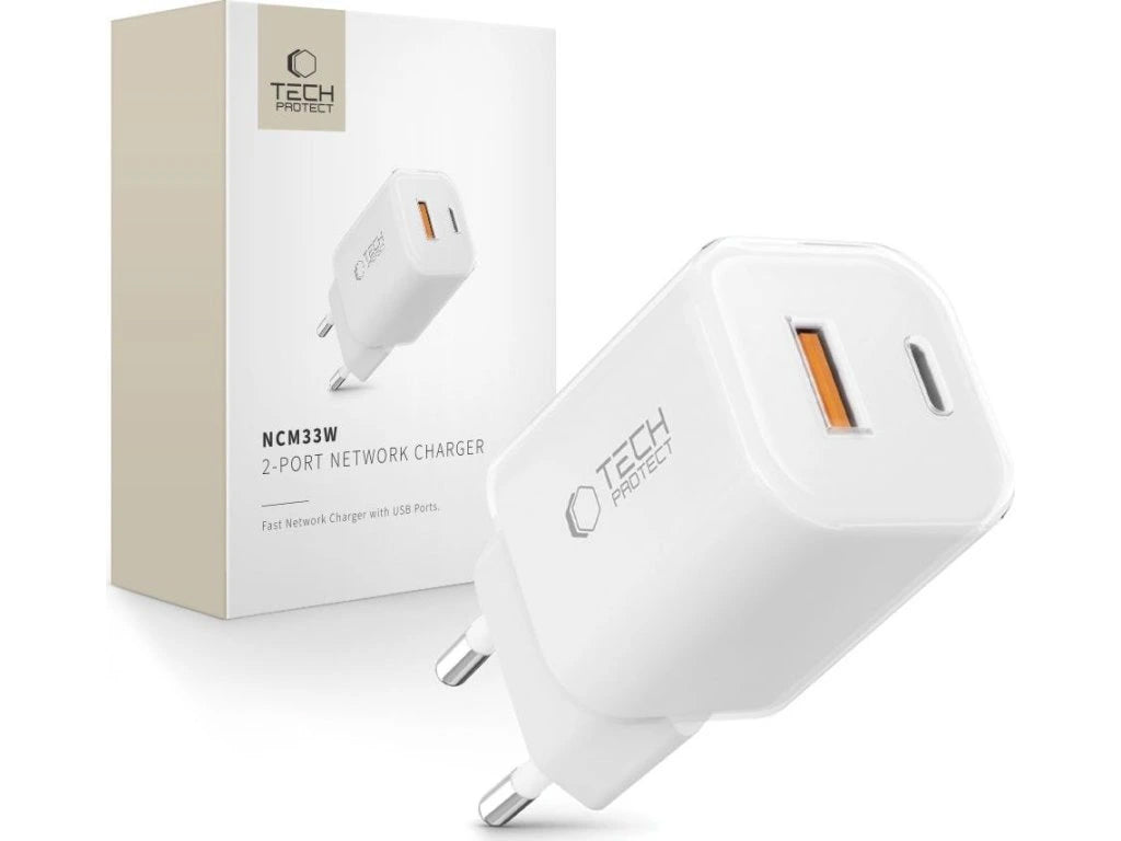 Зарядно за мрежа Tech-Protect NCM33W, 33W, 3A, 1 x USB-A - 1 x USB-C, Бяло