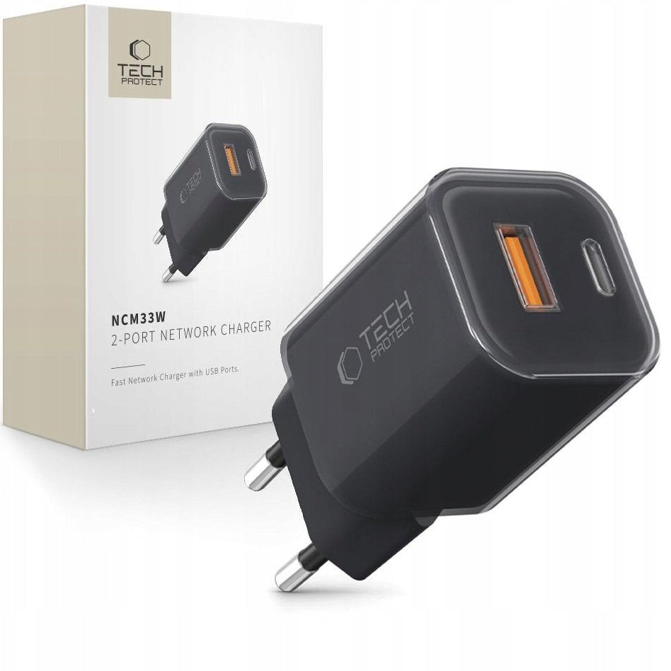 Зарядно устройство за мрежа Tech-Protect NCM33W, 33W, 3A, 1 x USB-A - 1 x USB-C, Черно