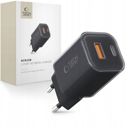 Зарядно устройство за мрежа Tech-Protect NCM33W, 33W, 3A, 1 x USB-A - 1 x USB-C, Черно