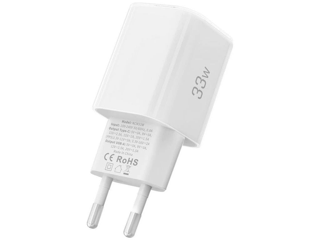 Зарядно за мрежа Tech-Protect NCM33W, 33W, 3A, 1 x USB-A - 1 x USB-C, Бяло