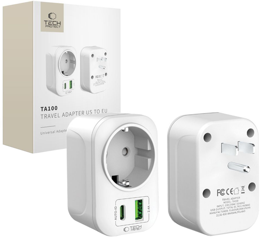 Зарядно устройство за мрежа Tech-Protect TA100 Travel US, 20W, 3A, 1 x Schuko - 1 x USB-A - 1 x USB-C, Бяло