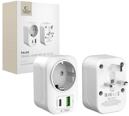 Зарядно за мрежа Tech-Protect TA100 Travel UK, 20W, 3A, 1 x Schuko - 1 x USB-A - 1 x USB-C, Бяло