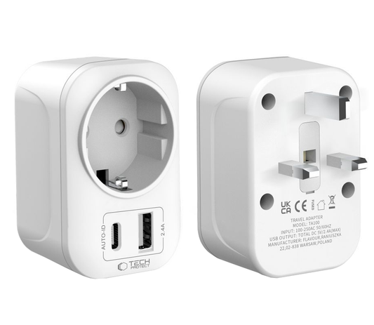 Зарядно за мрежа Tech-Protect TA100 Travel UK, 20W, 3A, 1 x Schuko - 1 x USB-A - 1 x USB-C, Бяло
