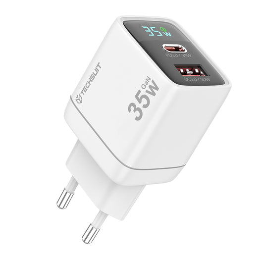Techsuit CH3 LEDChargX Display Network Charger, 35W, 3A, 1 x USB-A - 1 x USB-C, White
