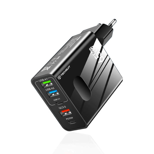 Techsuit CHC1 PentaXPower Network Charger, 25W, 3A, 3 x USB-A - 2 x USB-C, Black