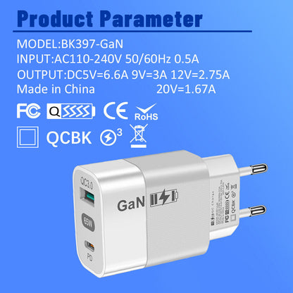 Зарядно устройство за мрежа Techsuit CHPD131, 65W, 3.25A, 1 x USB-A - 1 x USB-C, Бяло