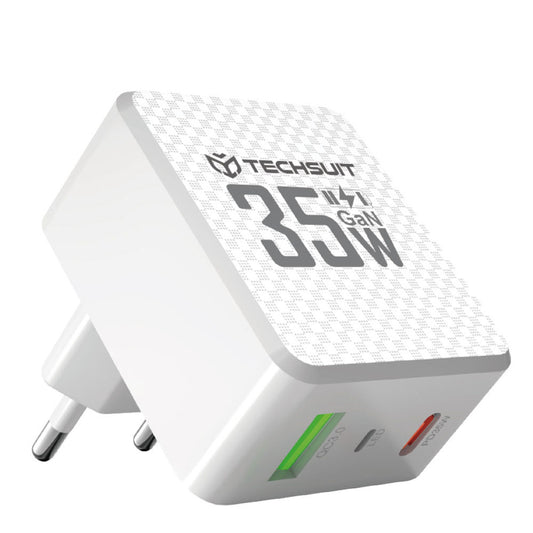 Зарядно за мрежа Techsuit CHPD173 Tiny, 35W, 3A, 1 x USB-A - 1 x USB-C, Бяло