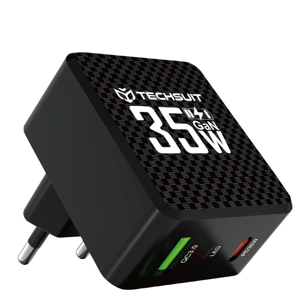 Зарядно устройство за мрежа Techsuit CHPD173 Tiny, 35W, 3A, 1 x USB-A - 1 x USB-C, Черно