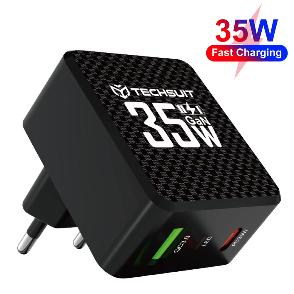 Зарядно устройство за мрежа Techsuit CHPD173 Tiny, 35W, 3A, 1 x USB-A - 1 x USB-C, Черно