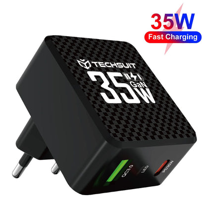Зарядно устройство за мрежа Techsuit CHPD173 Tiny, 35W, 3A, 1 x USB-A - 1 x USB-C, Черно