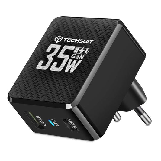 Зарядно устройство за мрежа Techsuit CHPD173 Tiny, 35W, 3A, 1 x USB-A - 1 x USB-C, Черно