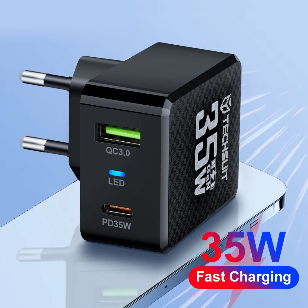 Зарядно устройство за мрежа Techsuit CHPD173 Tiny, 35W, 3A, 1 x USB-A - 1 x USB-C, Черно