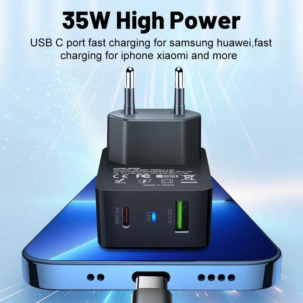 Зарядно устройство за мрежа Techsuit CHPD173 Tiny, 35W, 3A, 1 x USB-A - 1 x USB-C, Черно