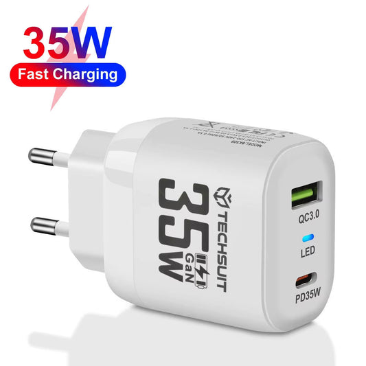 Зарядно за мрежа Techsuit CHPD174, 35W, 3A, 1 x USB-A - 1 x USB-C, Бяло