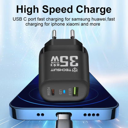 Зарядно за мрежа Techsuit CHPD174, 35W, 3A, 1 x USB-A - 1 x USB-C, Бяло