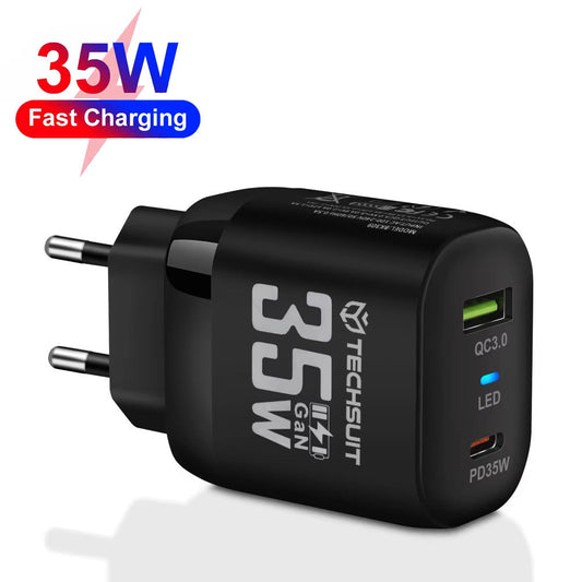 Зарядно устройство за мрежа Techsuit CHPD174, 35W, 3A, 1 x USB-A - 1 x USB-C, Черно