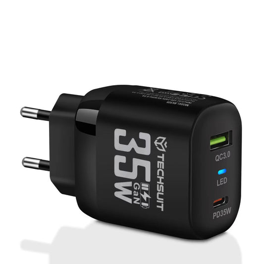 Зарядно устройство за мрежа Techsuit CHPD174, 35W, 3A, 1 x USB-A - 1 x USB-C, Черно