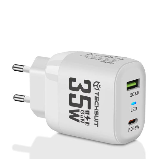 Зарядно за мрежа Techsuit CHPD174, 35W, 3A, 1 x USB-A - 1 x USB-C, Бяло