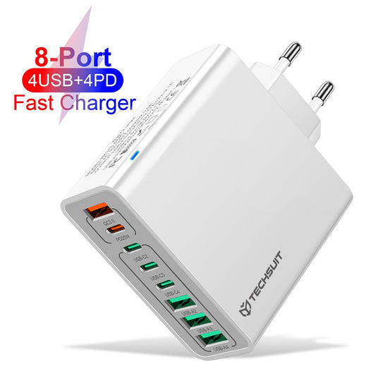 Мрежов зарядно устройство Techsuit CHPD224, 65W, 3.25A, 4 x USB-A - 4 x USB-C, Бяло