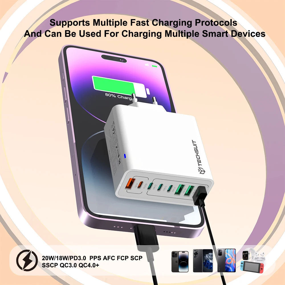 Зарядно устройство за мрежа Techsuit CHPD224, 65W, 3.25A, 4 x USB-A - 4 x USB-C, Черно