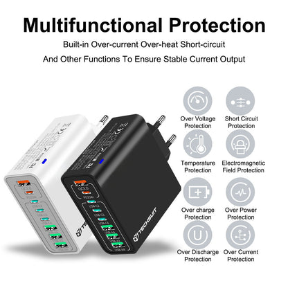Зарядно устройство за мрежа Techsuit CHPD224, 65W, 3.25A, 4 x USB-A - 4 x USB-C, Черно