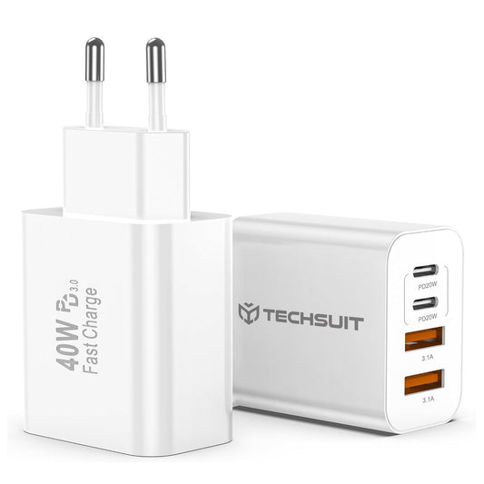 Зарядно за мрежа Techsuit PowerXQuad CH4, 40W, 3A, 2 x USB-A - 2 x USB-C, Бяло