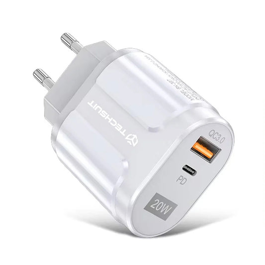 Зарядно устройство за мрежа Techsuit Premium, 20W, 3A, 1 x USB-A - 1 x USB-C, Бяло