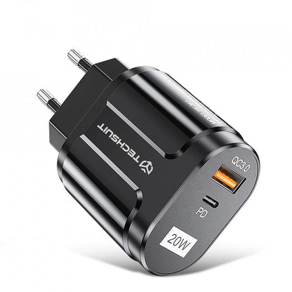 Зарядно устройство за мрежа Techsuit Premium, 20W, 3A, 1 x USB-A - 1 x USB-C, Черно CHPD038