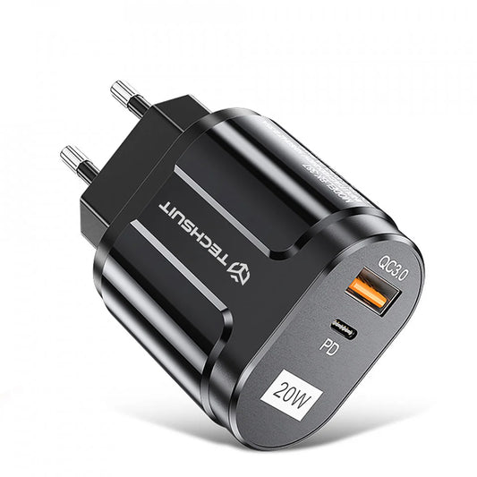 Зарядно устройство за мрежа Techsuit Premium, 20W, 3A, 1 x USB-A - 1 x USB-C, Черно CHPD038